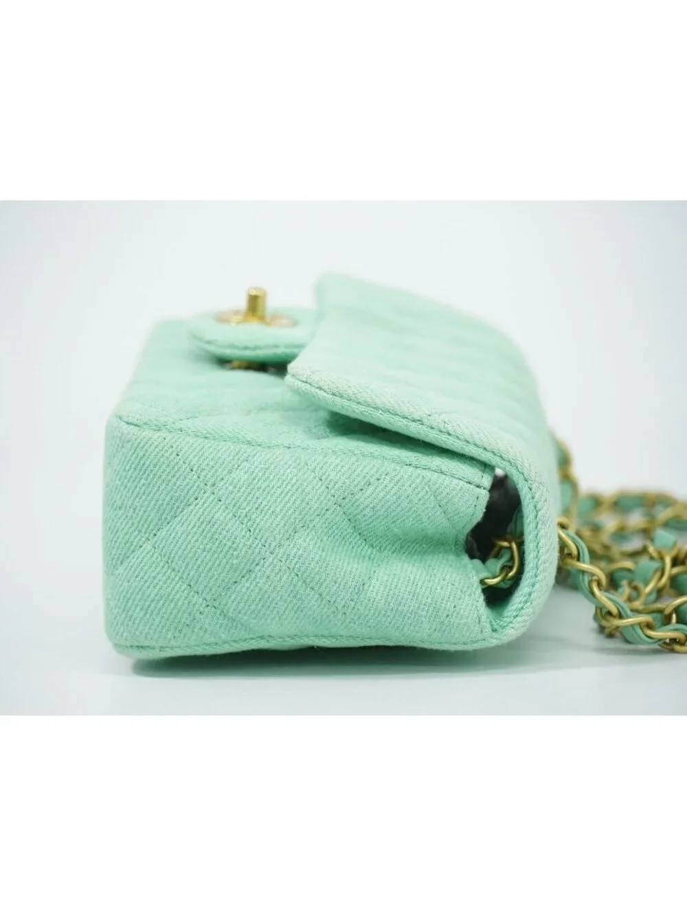 Chanel CC Logo Quilted Chain Shoulder Bag Denim Light Green Vintage